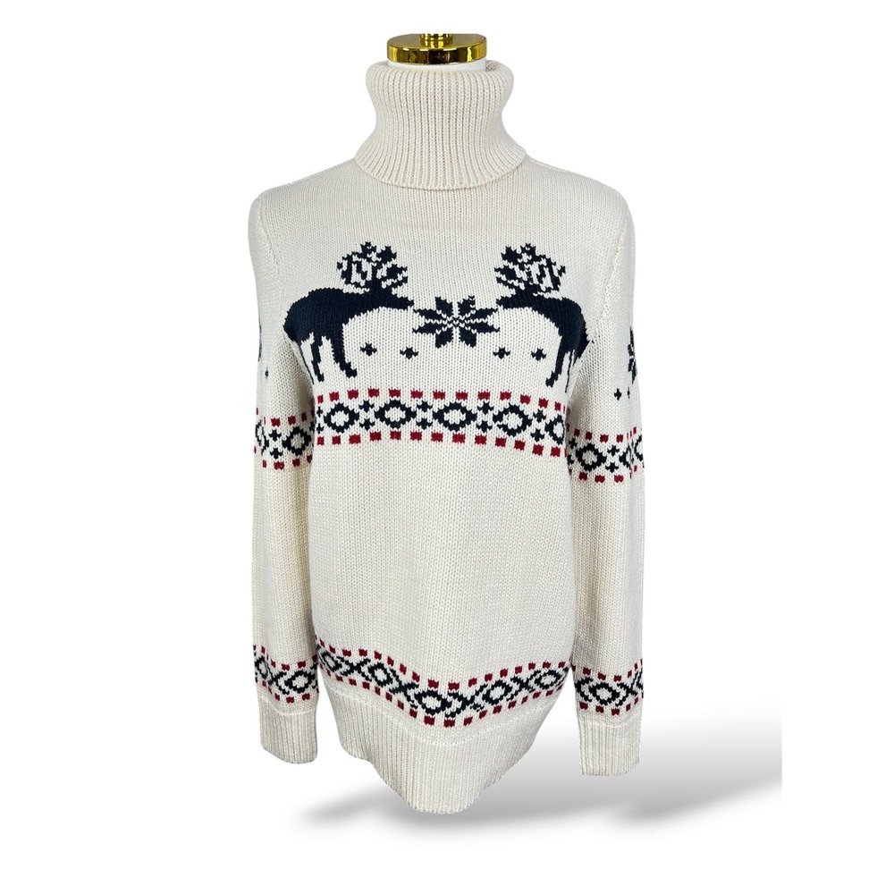 HM LOGG Womens XS Nordic Fair Isle Moose Turtleneck Sweater Cream Navy Red